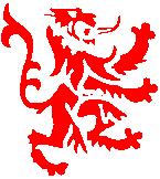 A red, heraldic-styled lion rampant facing right, being the leftmost element in the Frater Amadeus coat of arms.
